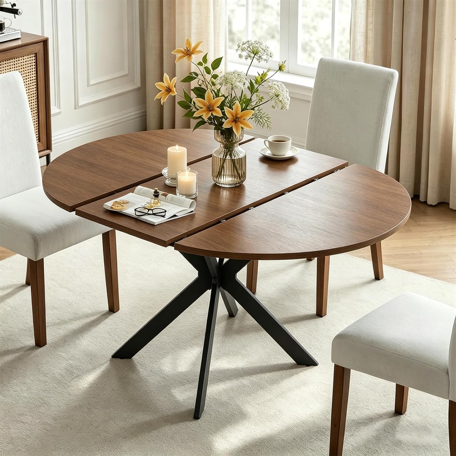 mikibama 54" Extendable Round Dining Table for 4-6, Modern Oval Kitchen Table with Metal Legs & Faux Wood Grain Top, Space Saving Expandable Dining Room Table for Small Space, Easy Assembly, Walnut