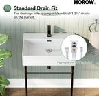 HOROW 24" x 17" Console Bathroom Sink with Stainless Steel Support Pedestal Legs, Free Standing Vanity Basin, Wall-Mount Modern Rectangular Ceramic Sink Porcelain, Matte Black