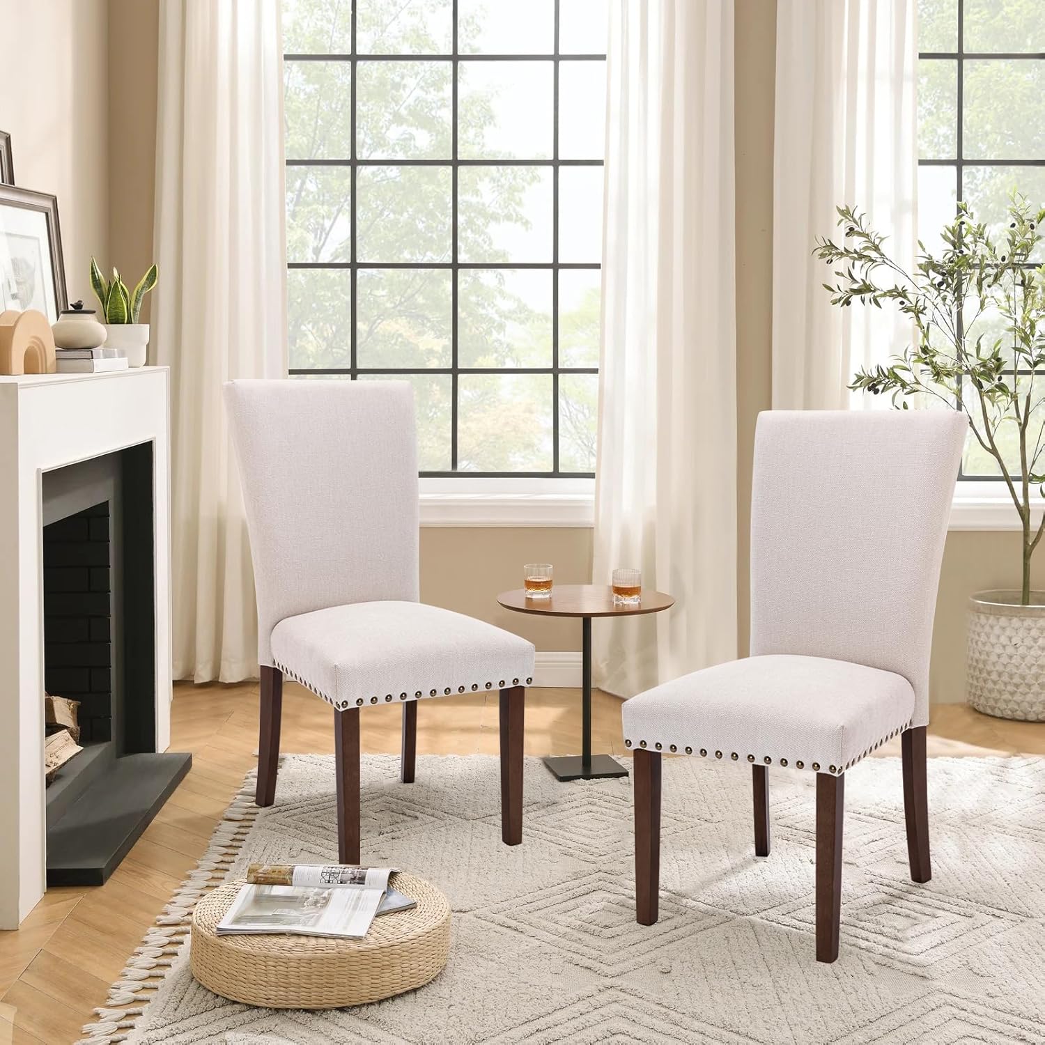 COLAMY Upholstered High Back Dining Chairs Set of 6 with Solid Rubber Wood Legs, Fabric Dining Room Chairs with Comfortable Padded Seat for Dining Room, Classic Gray Damask Pattern, Beige