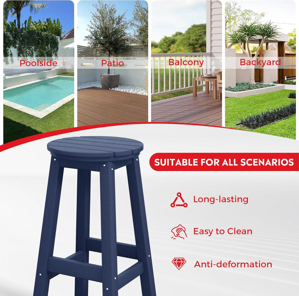 Costaelm 29" Height Outdoor Bar Stools, All-Weather Bar Stools, Adirondack Poly Patio Round Bar Stool for Patio, Deck, Kitchen Counter and Garden, Navy Blue