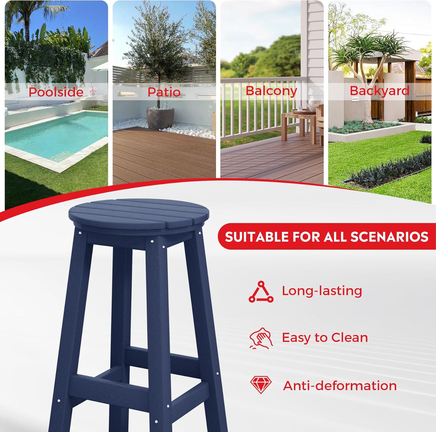 Costaelm 29" Height Outdoor Bar Stools, All-Weather Bar Stools, Adirondack Poly Patio Round Bar Stool for Patio, Deck, Kitchen Counter and Garden, Navy Blue