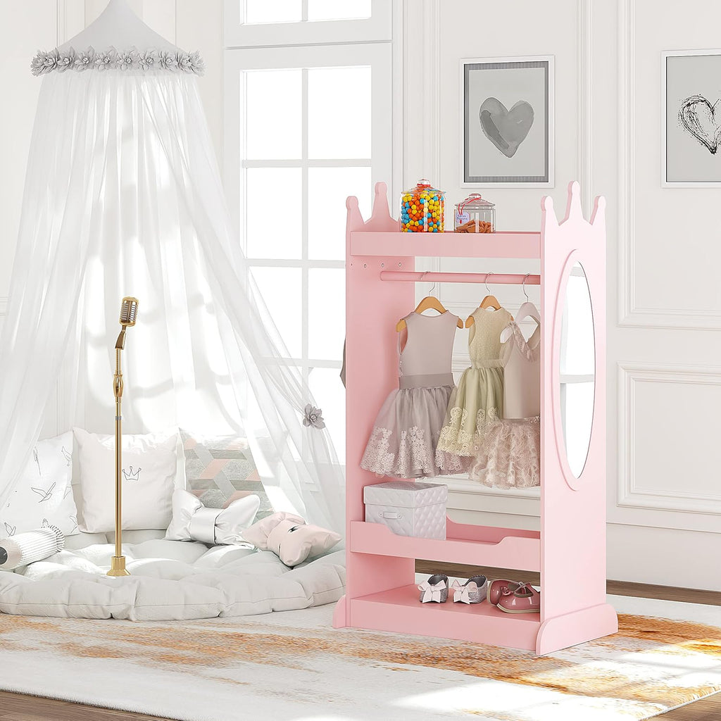 UTEX Kids Dress up Storage with Crown-Shaped Top and Mirror | Open Hanging Armoire Closet, Kids Wardrobe Closet, Water-based Paint