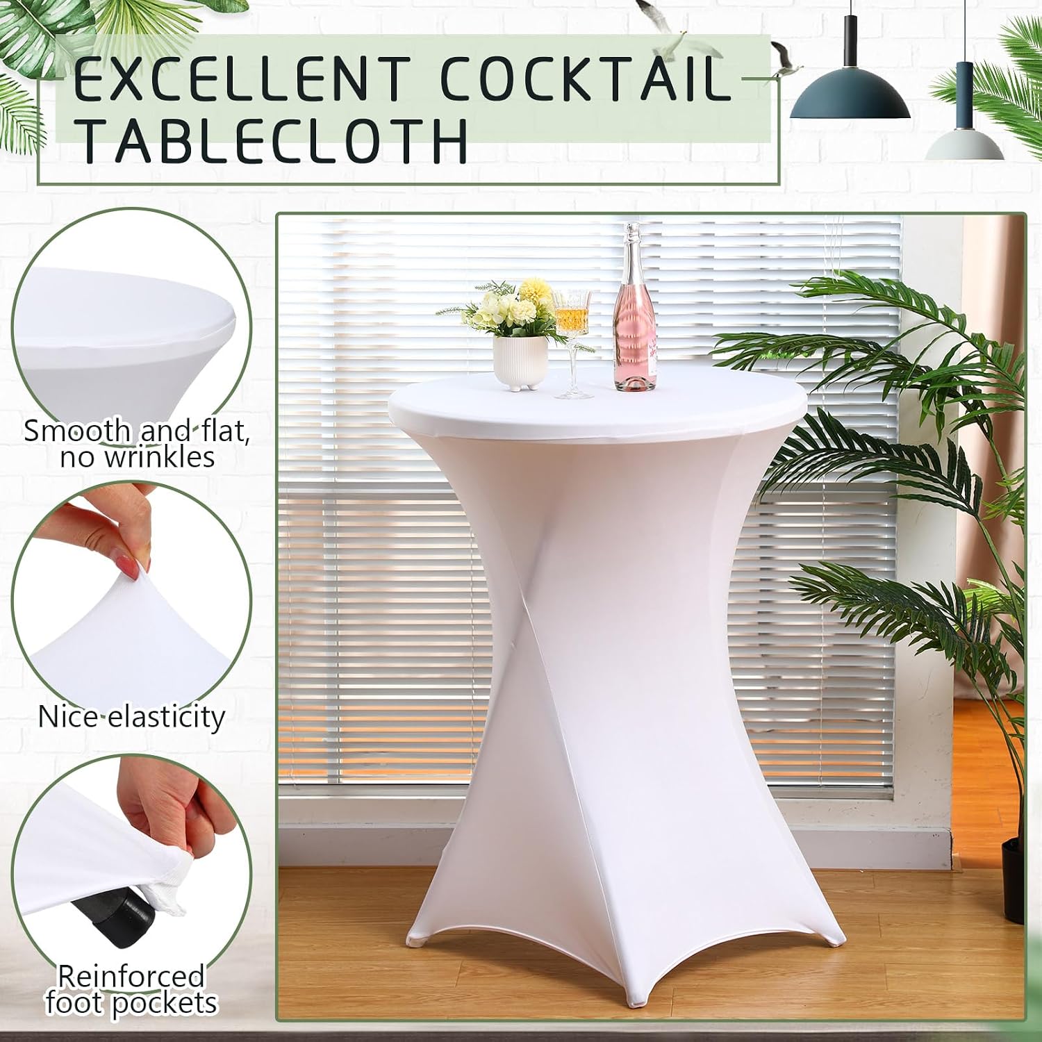 Wenqik 4 Pcs 32'' High Top Cocktail Table White Round Bar Height Folding Table with Removable Legs and 4 Pcs 32x43'' Cocktail Tablecover Spandex Stretch