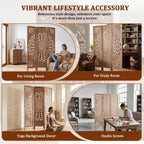 Boho Wood Carved Room Divider 3 Panel 67 Inch, Free Standing Privacy Screen with Anti-Slip Feet, Foldable Partition for Bedroom, Home Office, Headboard and Yoga Backdrop, Brown