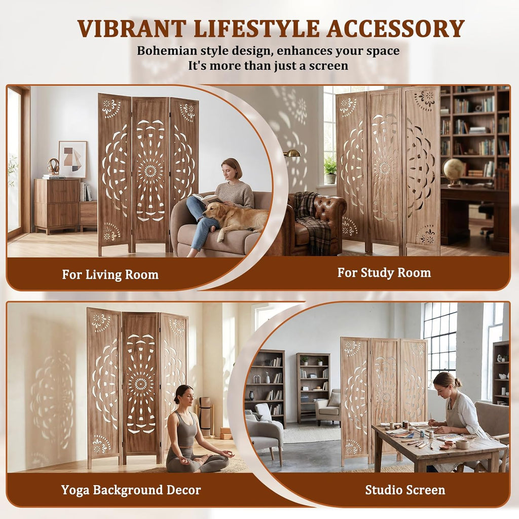 66.9 Inch Wood Room Divider Panel Boho-Styled 3 Panels Privacy Screen Indoor Boho Room Divider for Privacy Home Office & Patio