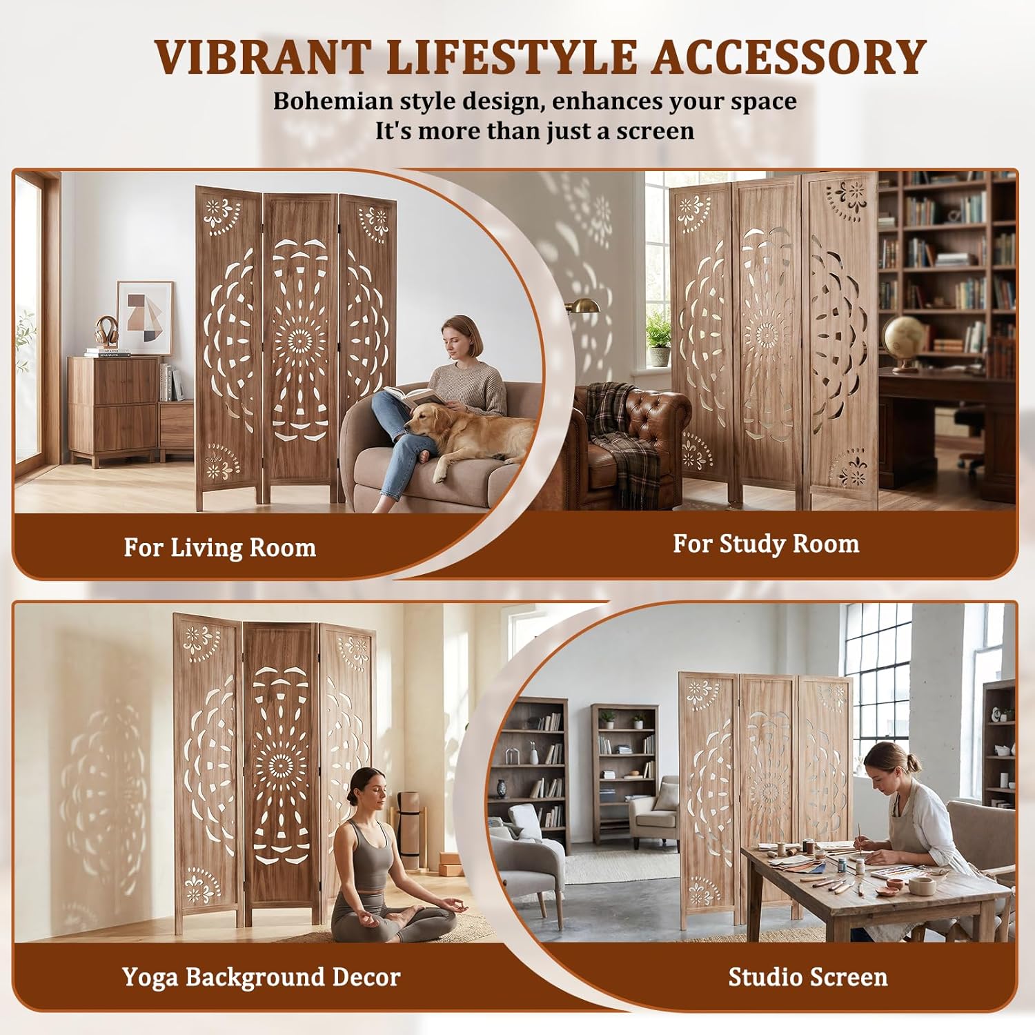66.9 Inch Wood Room Divider Panel Boho-Styled 3 Panels Privacy Screen Indoor Boho Room Divider for Privacy Home Office & Patio