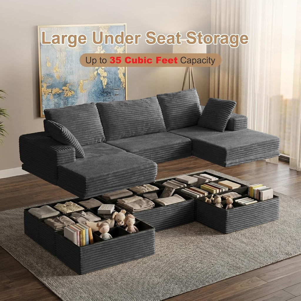 107'' Modular Sectional Sofa, Deep Seat Boneless Couch with Storage | Oversized High-Back for Living Room & RV | With Ottoman | High Density Foam & Corduroy | Tool-Free Assembly | Cozy Dark Gray