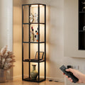 Tribesigns Display Shelf Floor Lamp with Shelves, Modern Black Glass Display Cabinet with Remote & 3 CCT Dimmable LED, Tall 5-Tier Wooden Conner Open Bookshelf Lamp for Bedroom Office Living Room
