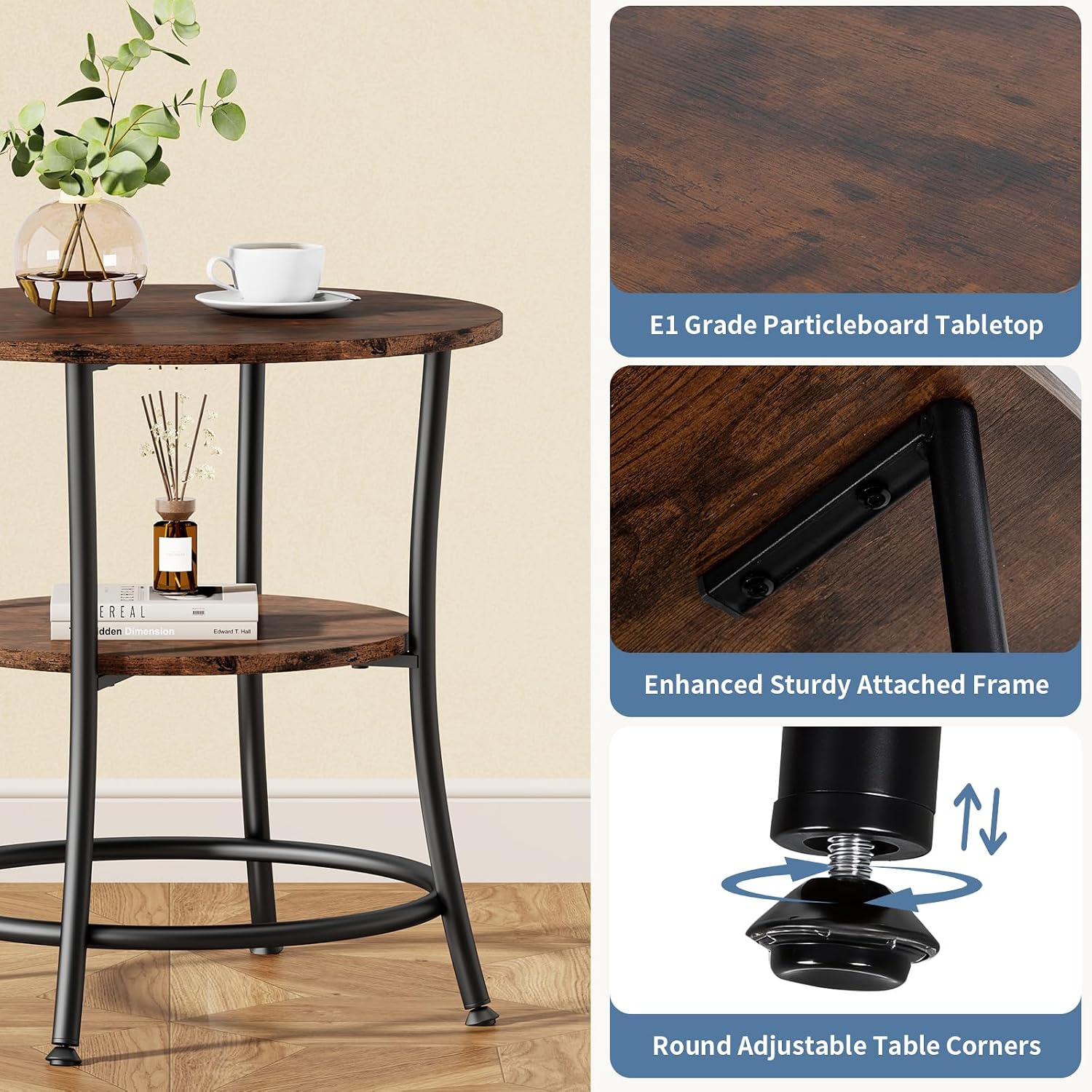 DUMOS Side Round Table for Living Room, 2-Tier Accent End Table with Storage Shelf,Sturdy Metal Frame Nightstand for Small Space, Round Bedside,Rustic Brown and Ink Black