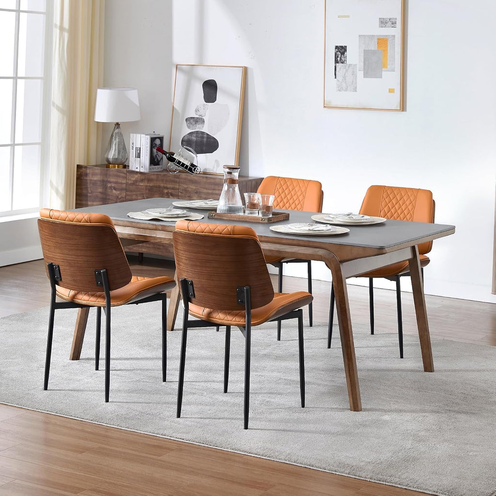 Set of 4 Dining Chairs, PU Leather Armless Kitchen Chairs with Curved Walnut Style, Mid Century Modern Bentwood Side Chairs, Metal Legs Retro Accent Seating for Dining Room Kitchen(Brown)
