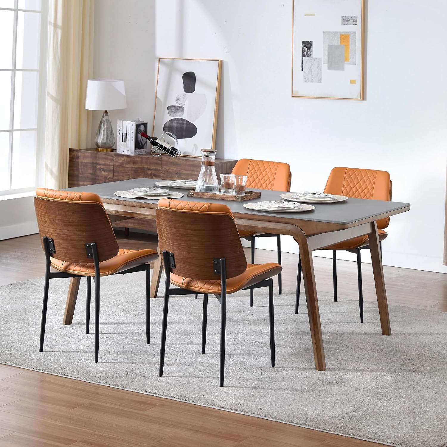 Set of 4 Dining Chairs, PU Leather Armless Kitchen Chairs with Curved Walnut Style, Mid Century Modern Bentwood Side Chairs, Metal Legs Retro Accent Seating for Dining Room Kitchen(Brown)