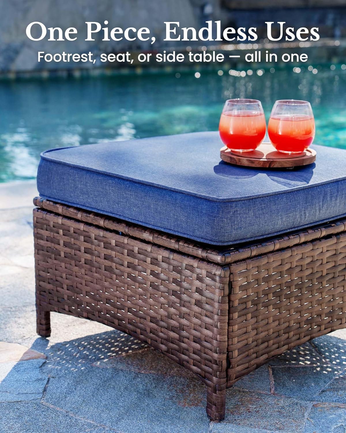 HILLGA Luxury 2PCS Patio Ottomans Footrest, Premium Wicker Steel Frame Outdoor Fabric, Comfortable Cushions, for Garden, Porch, Backyard and Deck (Blue)