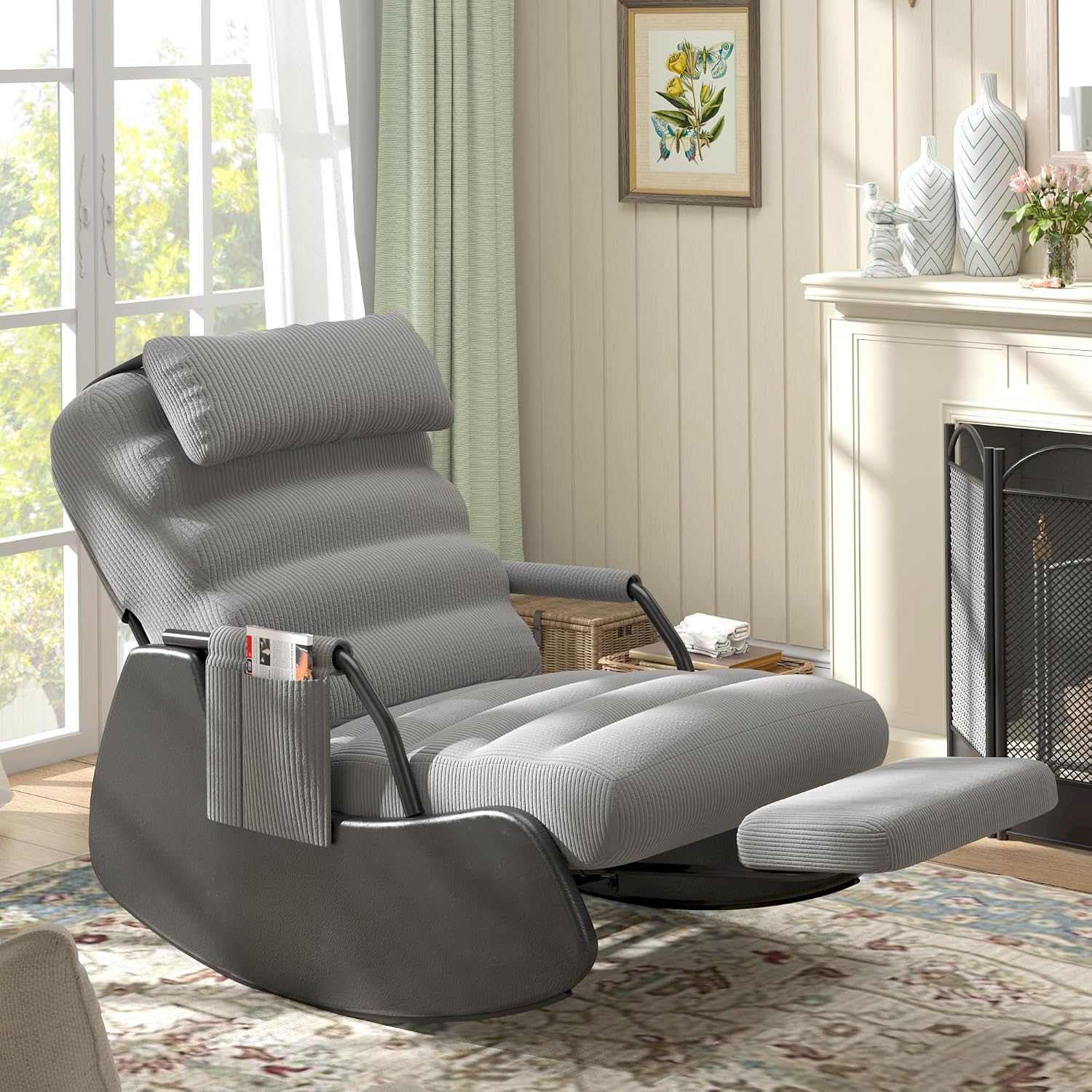 Polar Aurora Nursery Rocking Chairs with Soft Seat and Headrest,Corduroy Fabric Accent Chair with Side Pocket,Glider Rocking Chair for Bedroom/Living Room/Nursery(Dark Grey/Black)