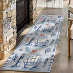 Vintage Nautical Lighthouse Entryway Runner Rug 2' x 5', Coastal Beach Sailing Ship Blue Striped Border Kitchen Floor Carpets, Non-Slip Low-Profile Door Mat for Farmhouse Hallway Dining Room