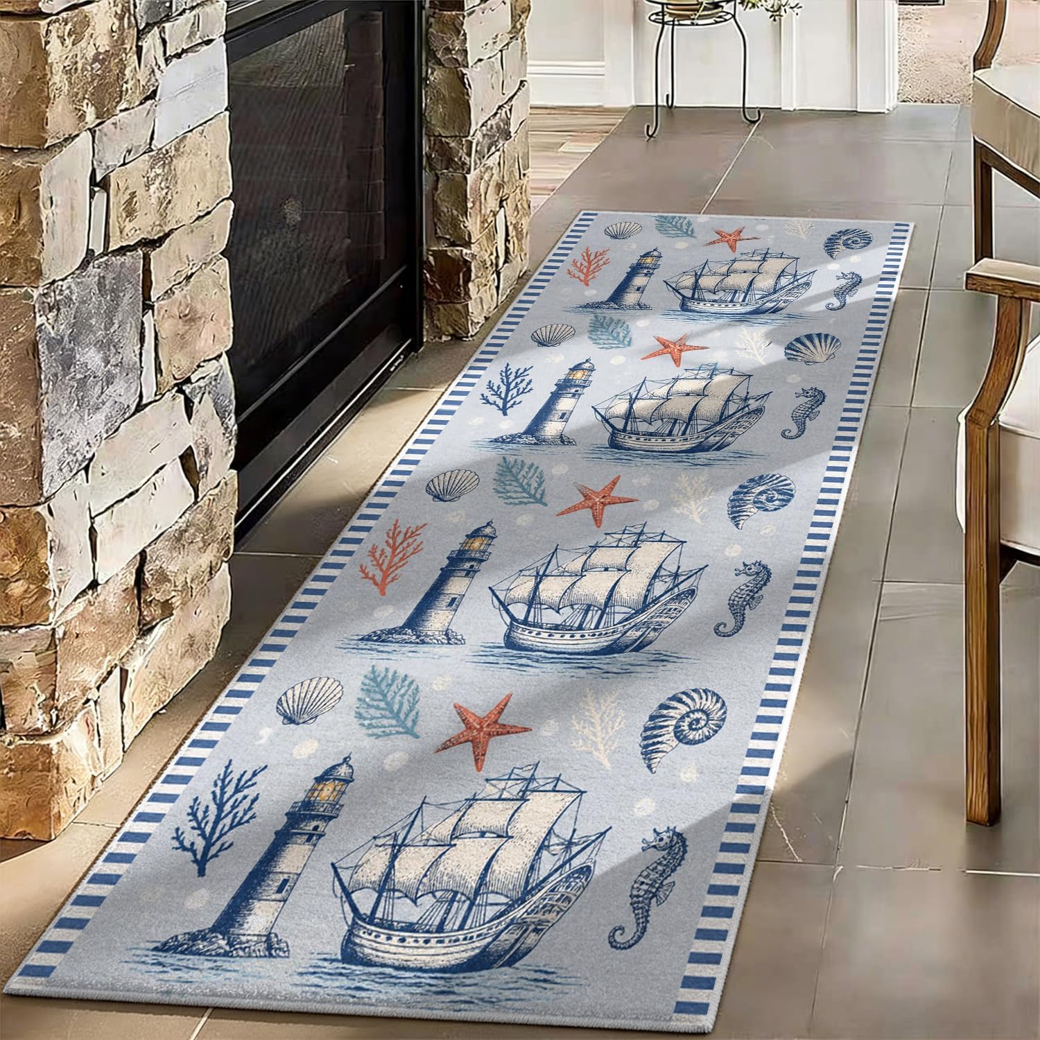Vintage Nautical Lighthouse Entryway Runner Rug 2' x 5', Coastal Beach Sailing Ship Blue Striped Border Kitchen Floor Carpets, Non-Slip Low-Profile Door Mat for Farmhouse Hallway Dining Room