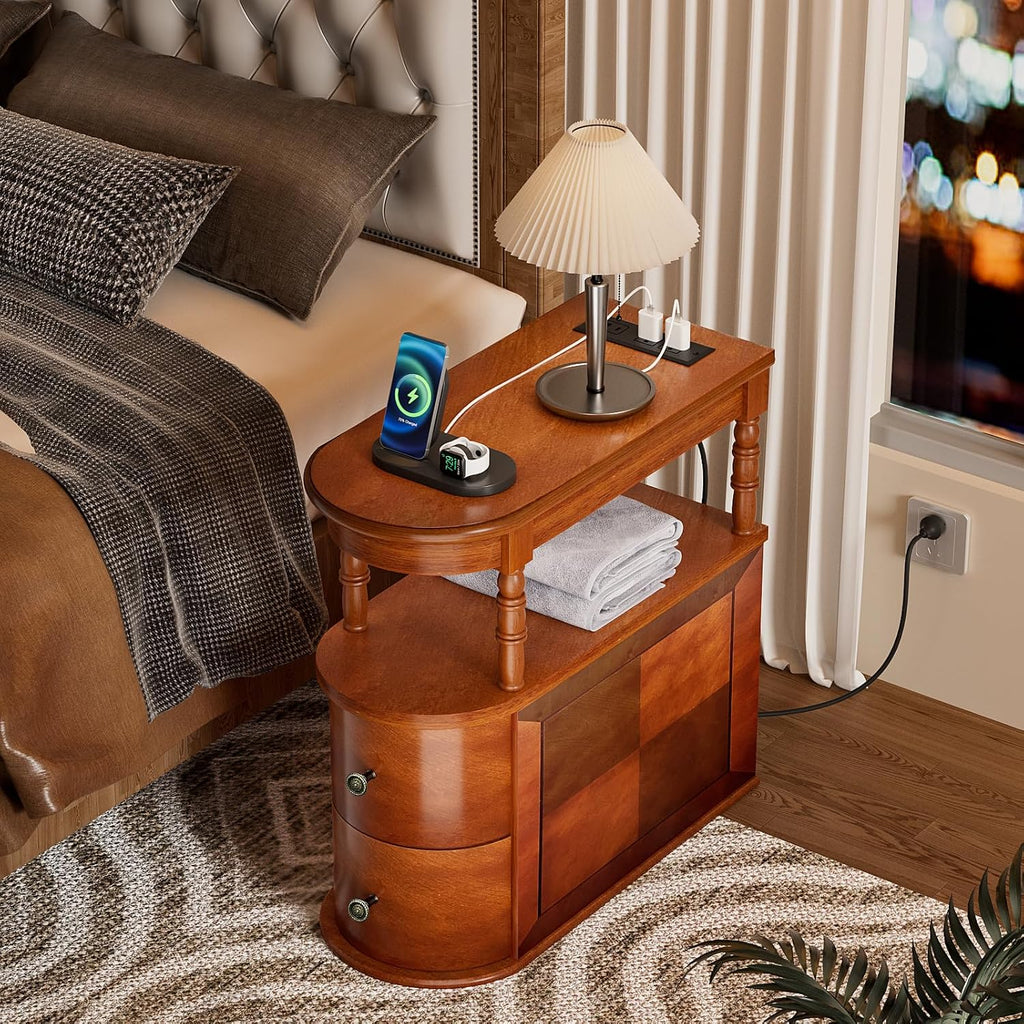 ROOMTEC Solid Wood End Table with Charging Station,Narrow Side Table with 2 Drawers and Shelf, Slim Chair Side Table,Narrow Sofa Side Table for Living Room Bedroom