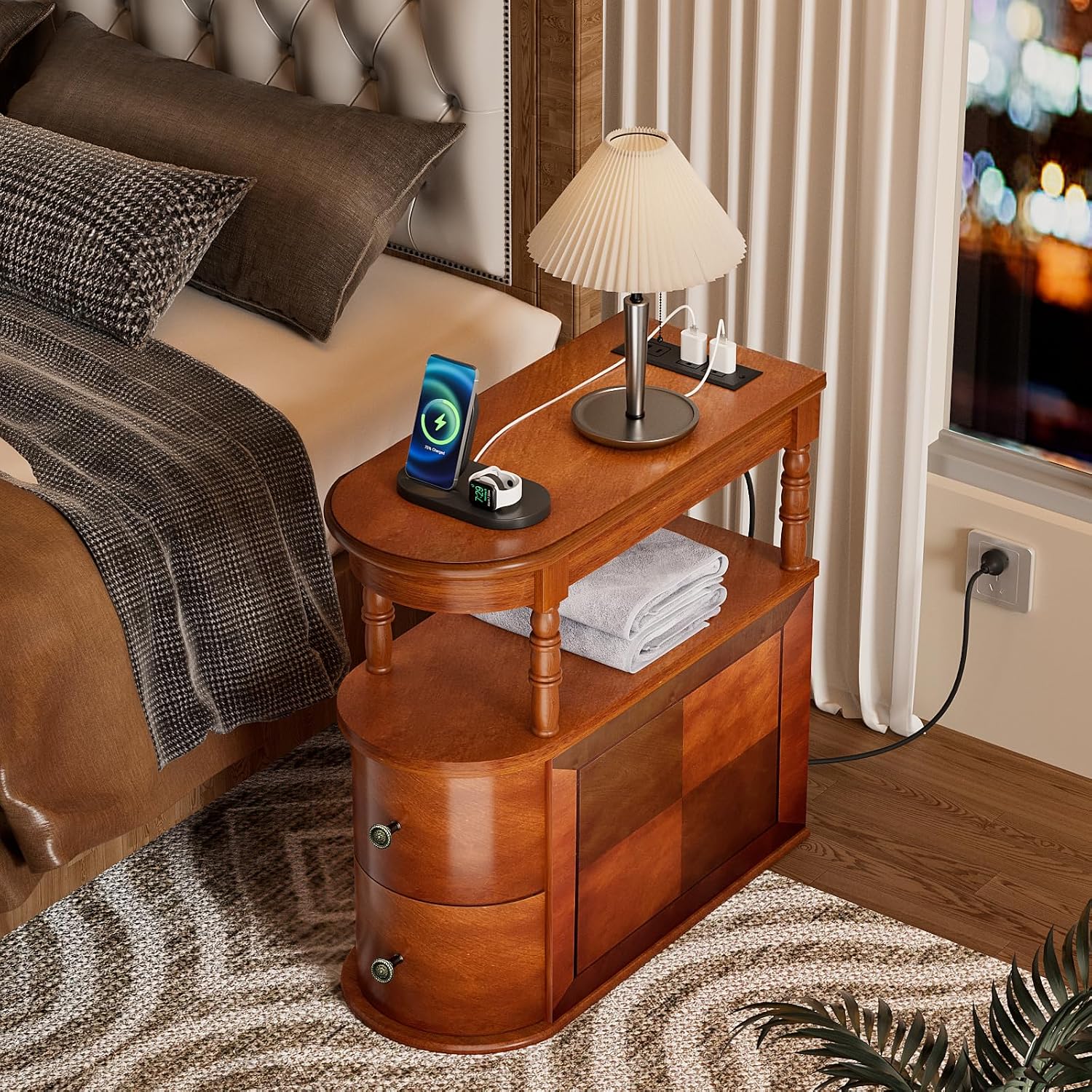 ROOMTEC Solid Wood End Table with Charging Station,Narrow Side Table with 2 Drawers and Shelf, Slim Chair Side Table,Narrow Sofa Side Table for Living Room Bedroom
