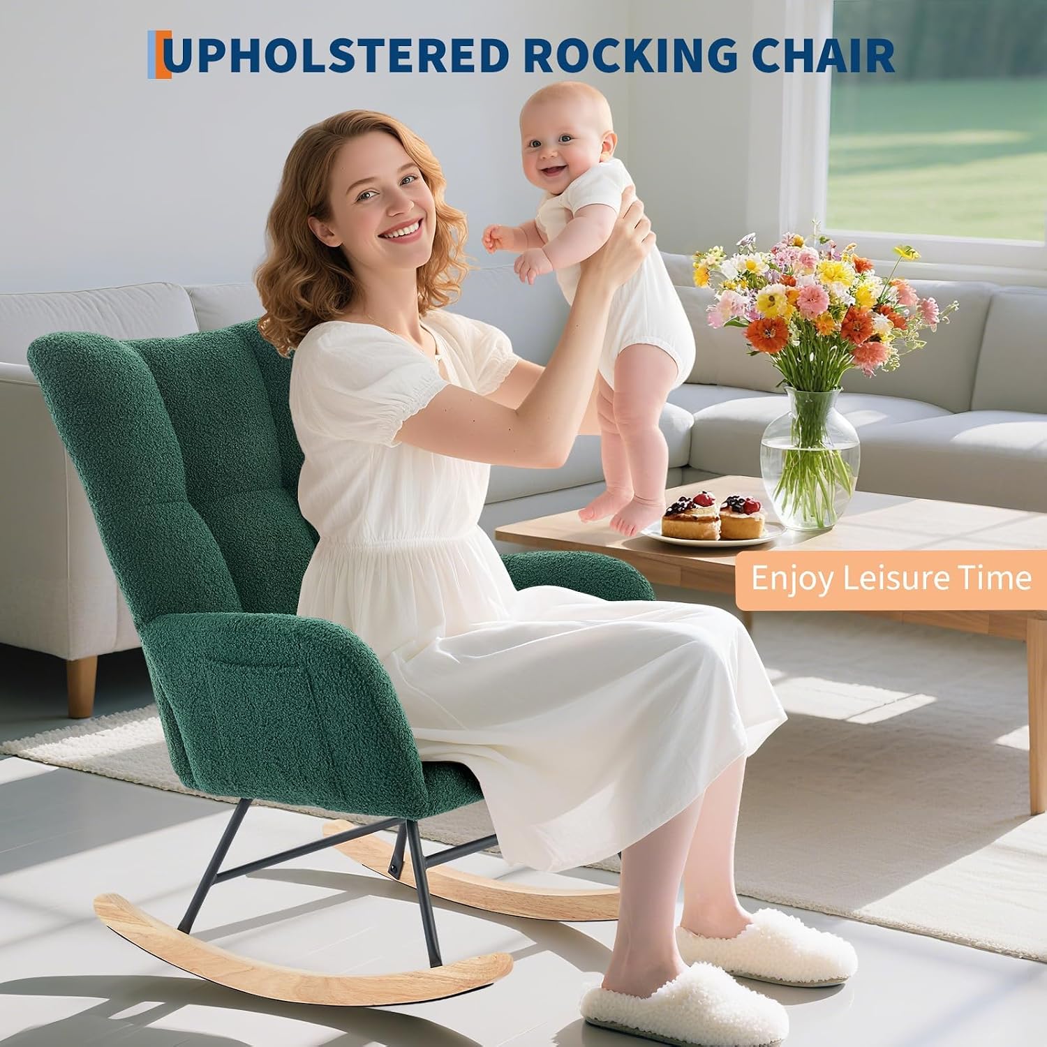Nursery Rocking Chair, Upholstered Baby Fluffy Glider Rocker, Reading Chair with High Backrest, Comfy Chairs for Living Room, Bedroom, Nursing (Ink Green)