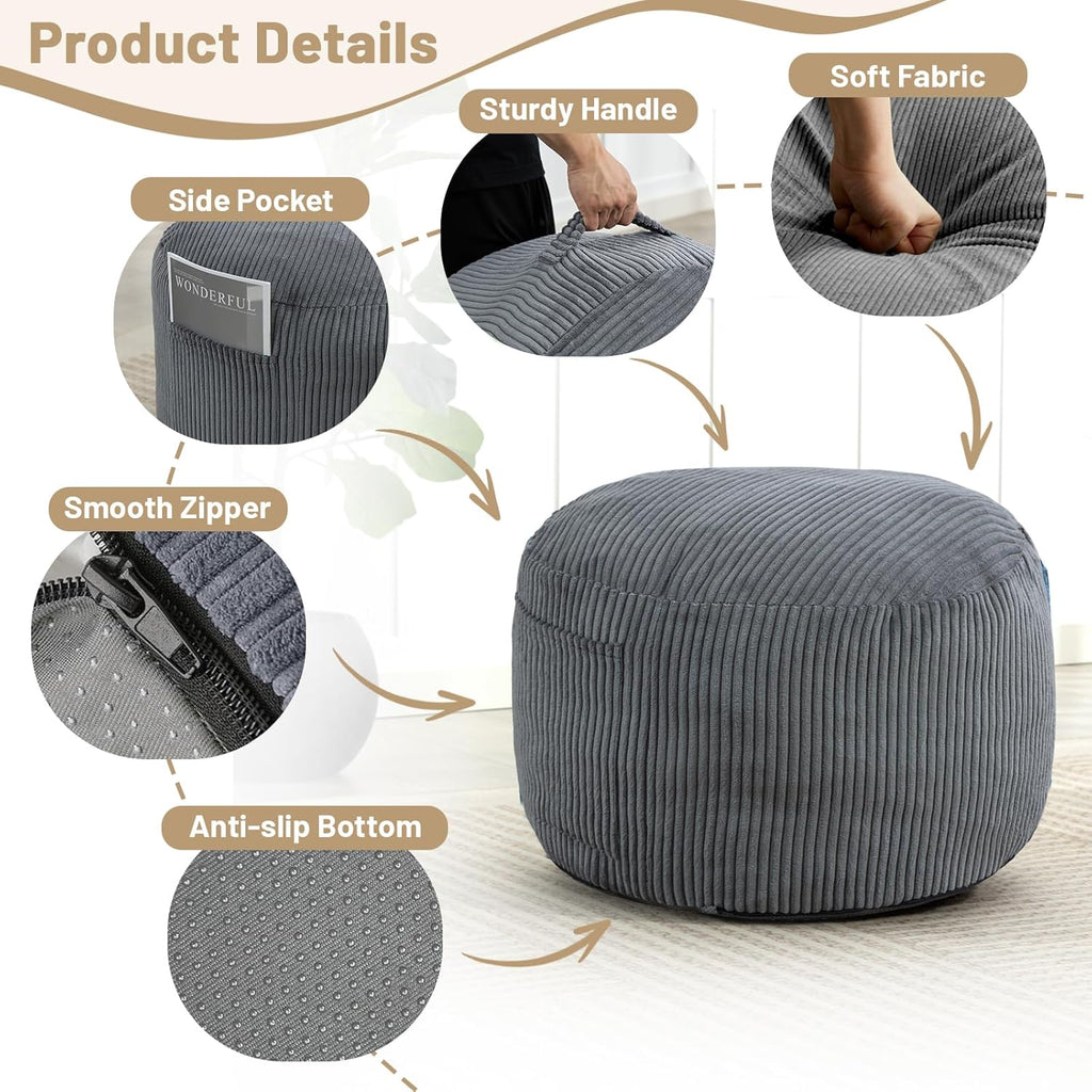 Round Stuffed Pouf Ottoman (Gray, 20" D x 20" W x 15" H) | Corduroy Foot Rest with Rebound Foam Filling, Furry and Fluffy Foot Stool Ottoman, Floor Poufs for Living Room