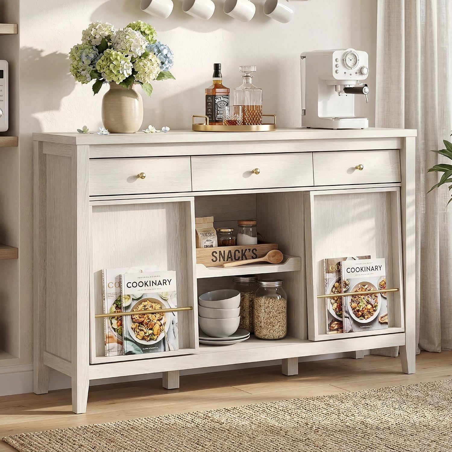 Buffet Cabinet with Storage, Modern Sideboard Cabinet with 3 Drawers, 2 Sliding Doors & Pull-Out Shelf, Coffee Bar Cabinet with Charging Station, White