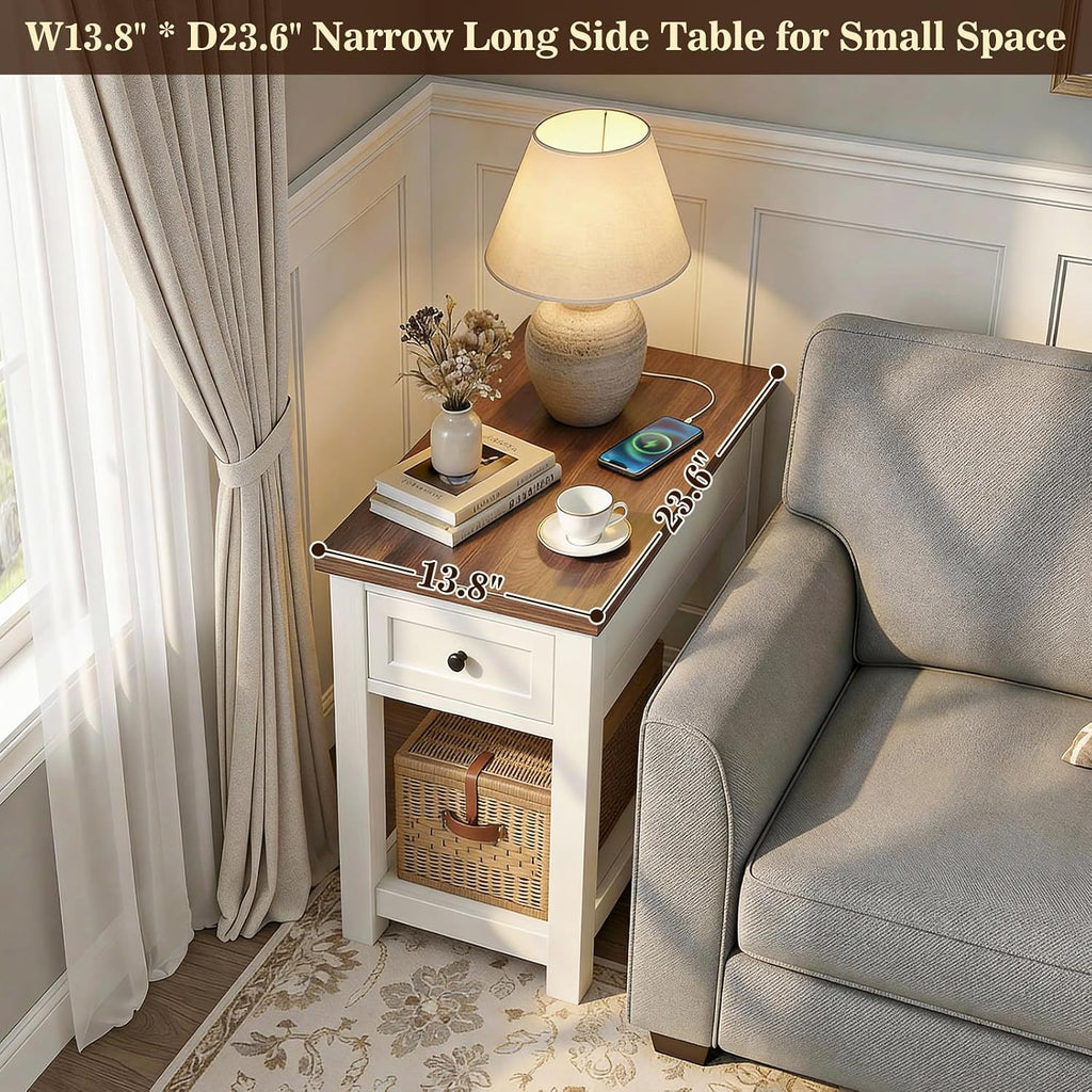 Narrow End Table with Charging Station - Farmhouse Side Table with Drawer, 14" Wide Wood Nightstand Slim Couch Bedside Table for Living Room Bedroom Small Spaces, 2-Tone Antique White & Brown