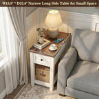 Narrow End Table with Charging Station - Farmhouse Side Table with Drawer, 14" Wide Wood Nightstand Slim Couch Bedside Table for Living Room Bedroom Small Spaces, 2-Tone Antique White & Brown