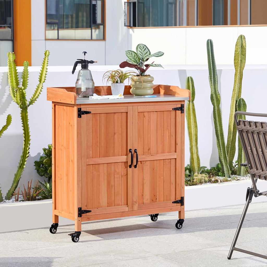 Topeakmart Potting Bench Table - Wooden Storage Cabinet with Removable Shelf & Flexible Space & Metal-Plated Tabletop for Outdoor Garden Patio,Brown