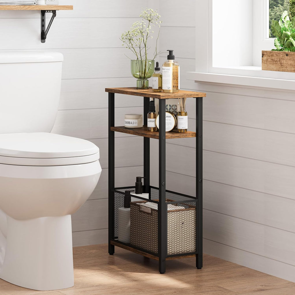 MMEOLUOOK Narrow Side Table with Storage Basket Skinny End Tables for Smalls Spaces 3 Tier Sofa Table Small Nightstand Slim Bedside Table for Living Room Bedroom Rustic Brown MLBZ22RB