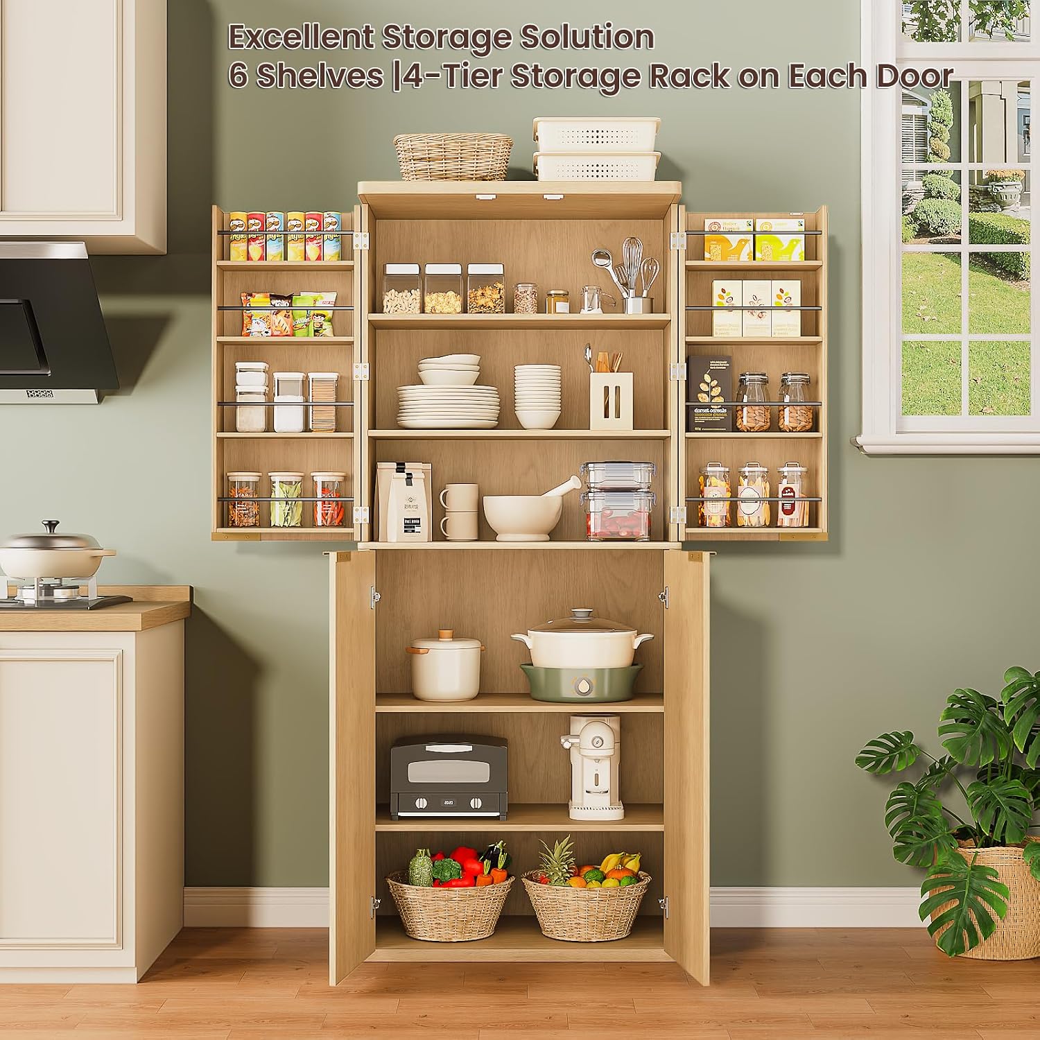 72" Tall Kitchen Pantry Modern Fluted Wood Storage Cabinet with Doors,6 Door Shelves, Organizer, Versatile Cupboard for Kitchen, Dining, Oak,30''W x 15.75''D x 72''H.