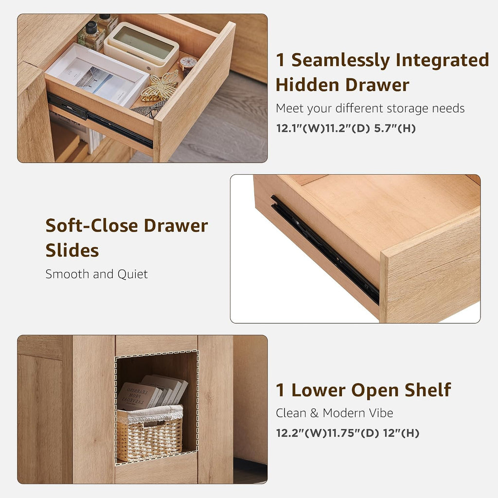 T4TREAM 24'' Modern Nightstand with Charging Station, Wood End Table w/Hidden Drawers & Open Storage Cabinet, Rustic Square Bedside Table for Bedroom,Living Room,Natural Oak