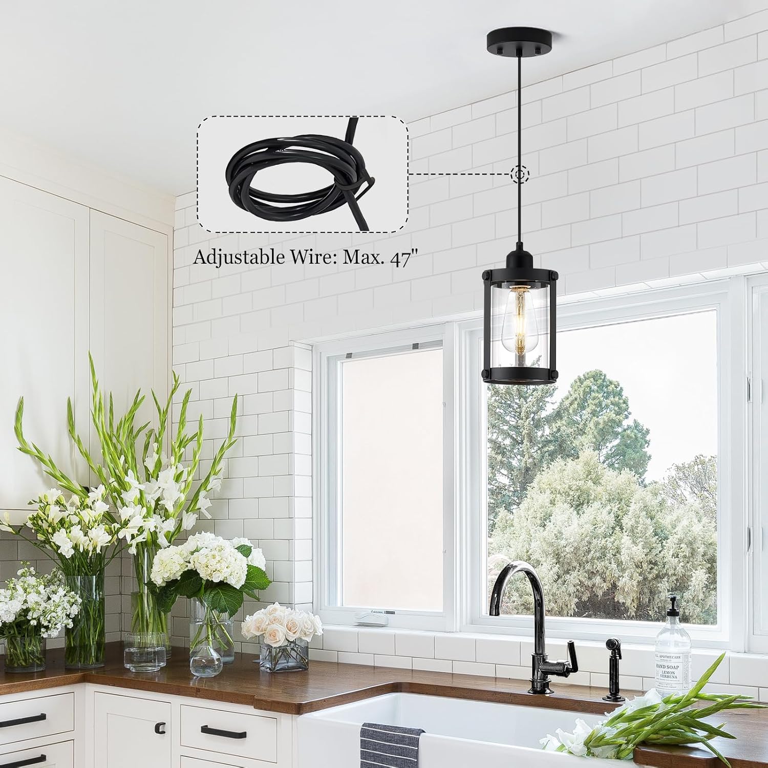 Black Pendant Lights Kitchen Island 3 Pack, Modern Kitchen Pendant Lighting Over Island with Clear Glass, Farmhouse Mini Hanging Light for Sink Dining Room, OS-3014-3PBKC