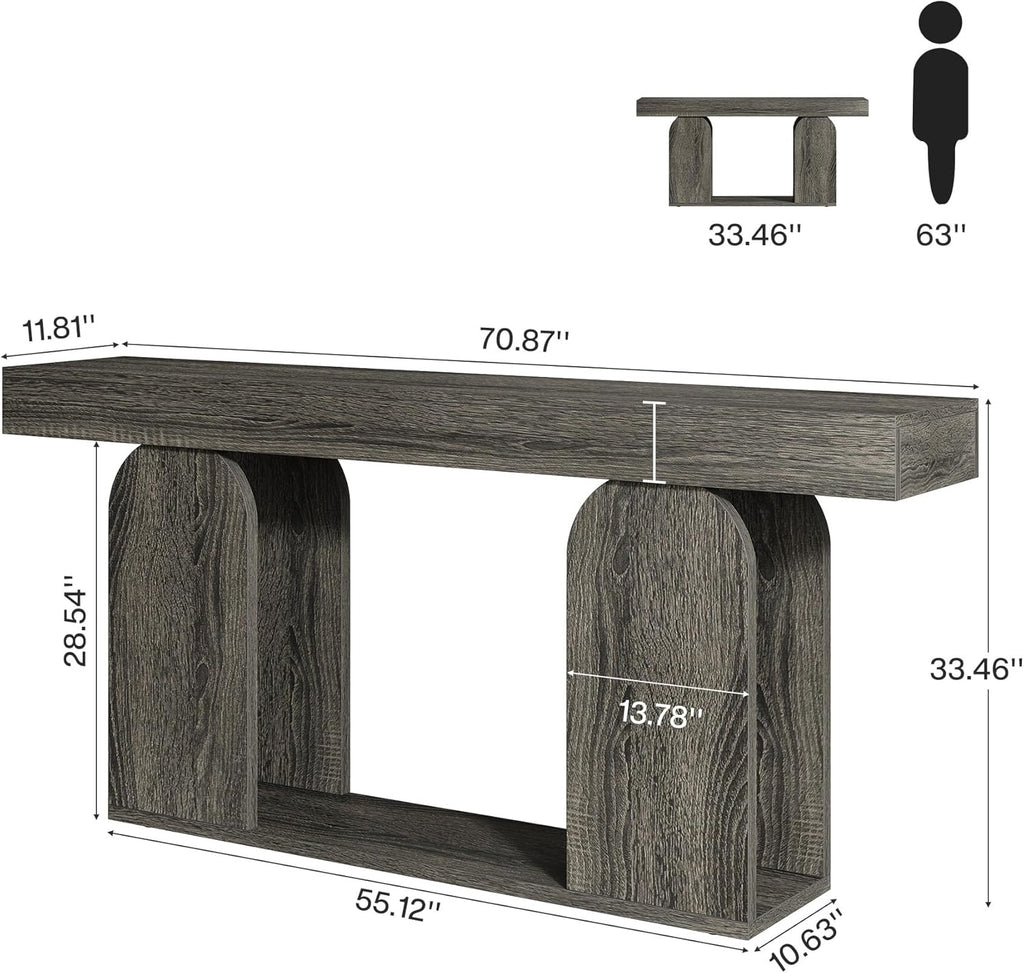 Tribesigns 70.9-Inch Extra Long Sofa Table, Farmhouse Console Tables with Wood Frame and Storage Shelf, 2-Tier Wood Table Behind Couch for Living Room, Hallway, Foyer, Light Brown (Dark Gray)
