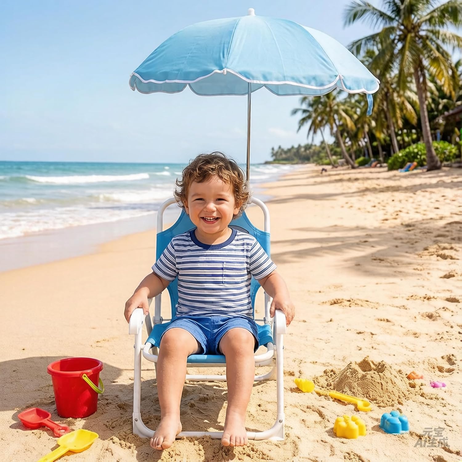 Foldable Toddler Lawn Chair with Umbrella - Lightweight Cartoon Shark Baby Beach Chair, Blue, 27.56×19.49 Inch