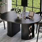 Garvee Extendable Round Dining Table with 2-Tier Storage Shelf & Drawer, 47.5 to 63 Inch Expandable Kitchen Table for 4-8 PM, Modern Farmhouse Fluted Pedestal Oval Circle Dinner Table, Black