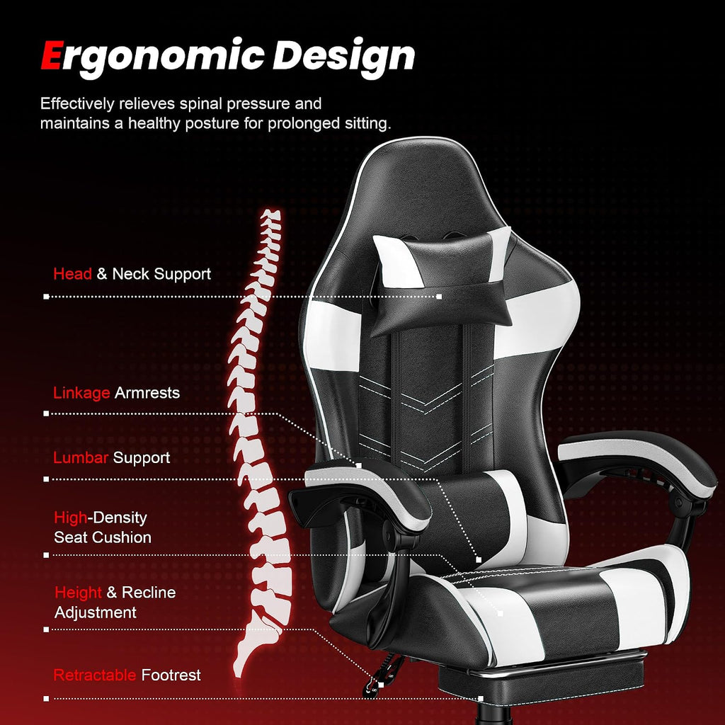 Gaming Chair with Footrest, Ergonomic Video Game Chair with Headrest and Lumbar Support, 400 lbs Adult Chair, Height Adjustable 360° Swivel High Back Reclining Computer Chair for Home Office (White)