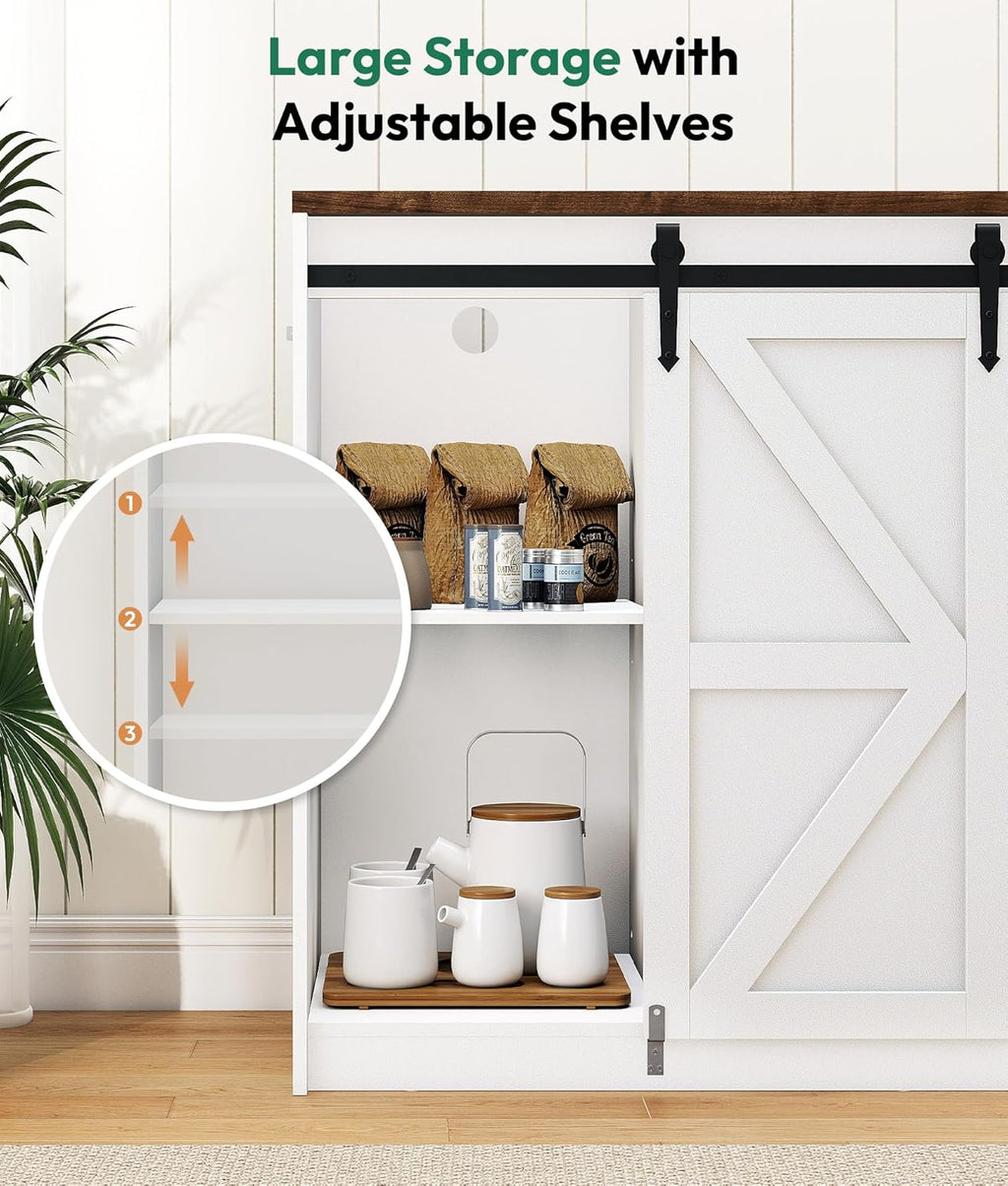 Lamtor Coffee Bar Cabinet with Storage - 53" Farmhouse Coffee Bar with Barn Doors, Mini Fridge Cabinet with Power Outlet for Kitchen Dining Room Living Room, White