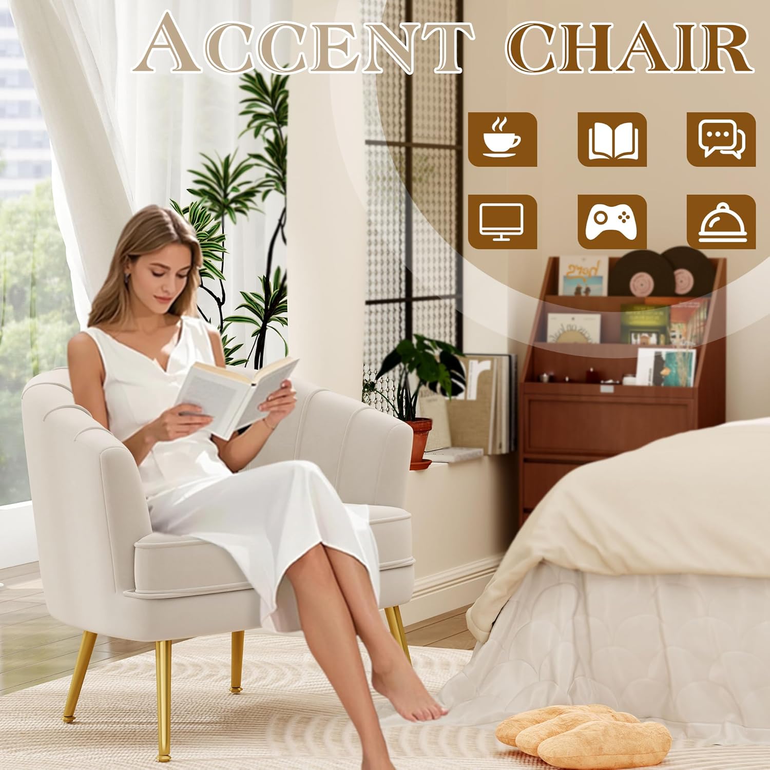 Andeworld Velvet Accent Chair Set of 2, Upholstered Modern Single Sofa Side Chair,Comfy Barrel Club Living Room Armchair with Golden Metal Legs for Bedroom Living Reading Room Office, Beige