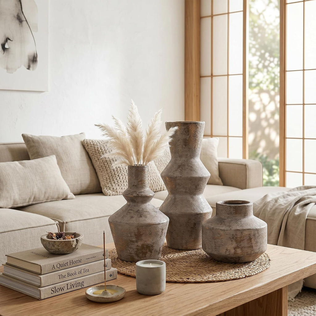 DREAMLOOM Ceramic Vase Set of 3, Modern Rustic Flower Vases for Pampas Grass, Dried & Fresh Flowers, Farmhouse Home Decor Vase for Living Room Bedroom Kitchen Shelf Centerpiece, Classic