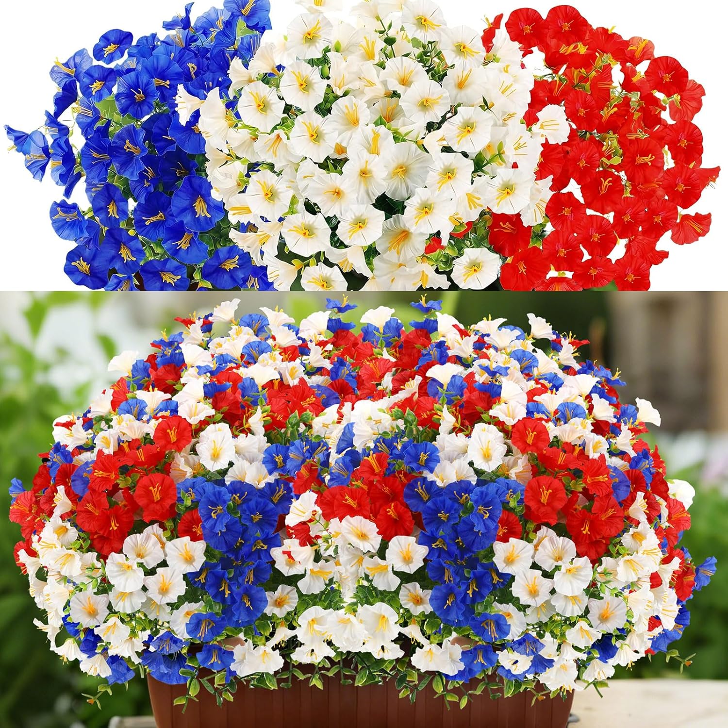 12 Pcs Red White Blue Artificial Flower Outdoor UV Resistant Petunias Patriotic Silk Flower 4th of July Decor USA Independence Short Stem Faux Cemetery Flowers Pot Window Garden 250 Anniversary Decor