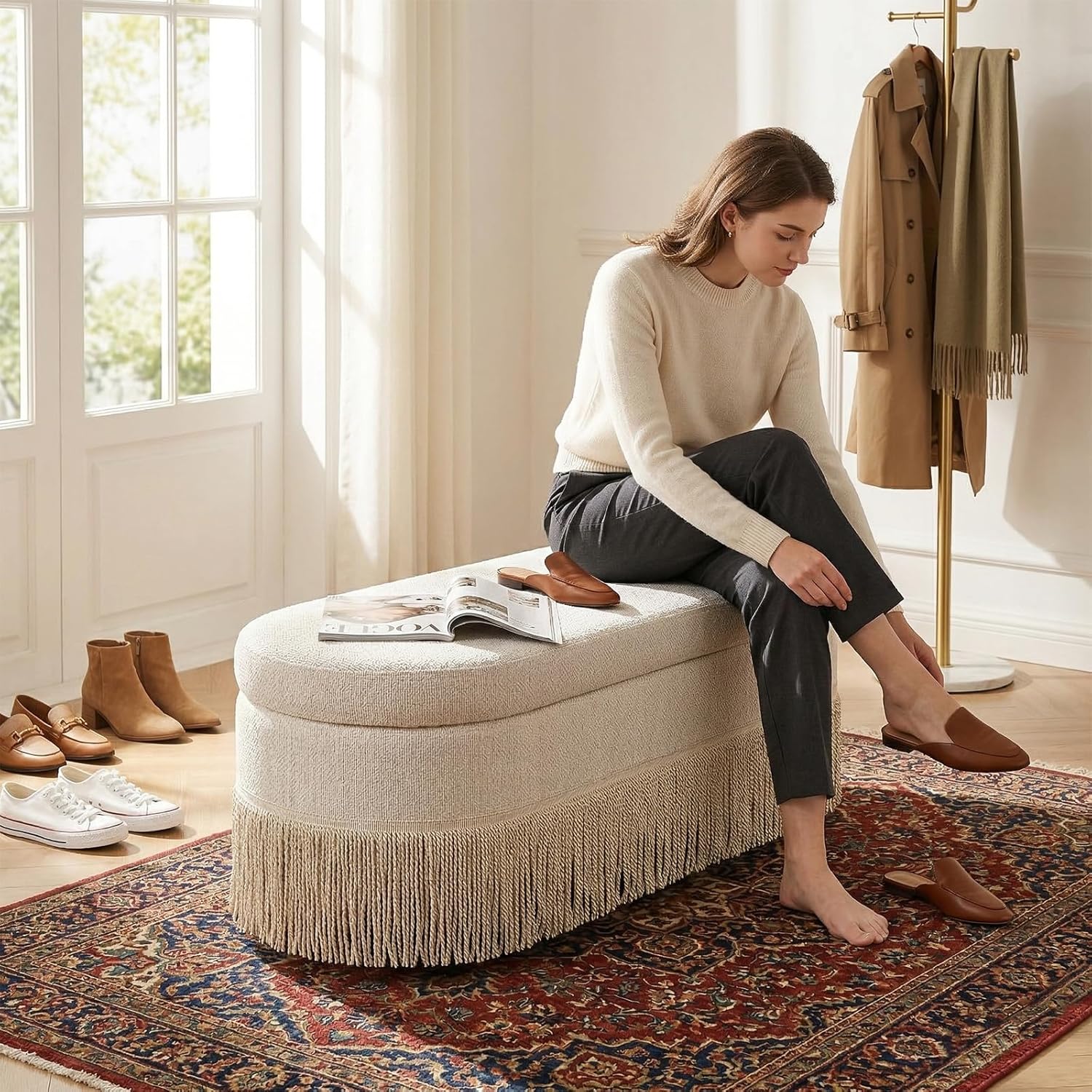 39.4“ Boho Storage Ottoman Bench with Tassels, Linen Upholstered Ottoman with Storage, Oval End of Bed Bench, Entryway Foot Rest for Bedroom, Lift-Top Lid with Safety Hinge, Living Room, Beige