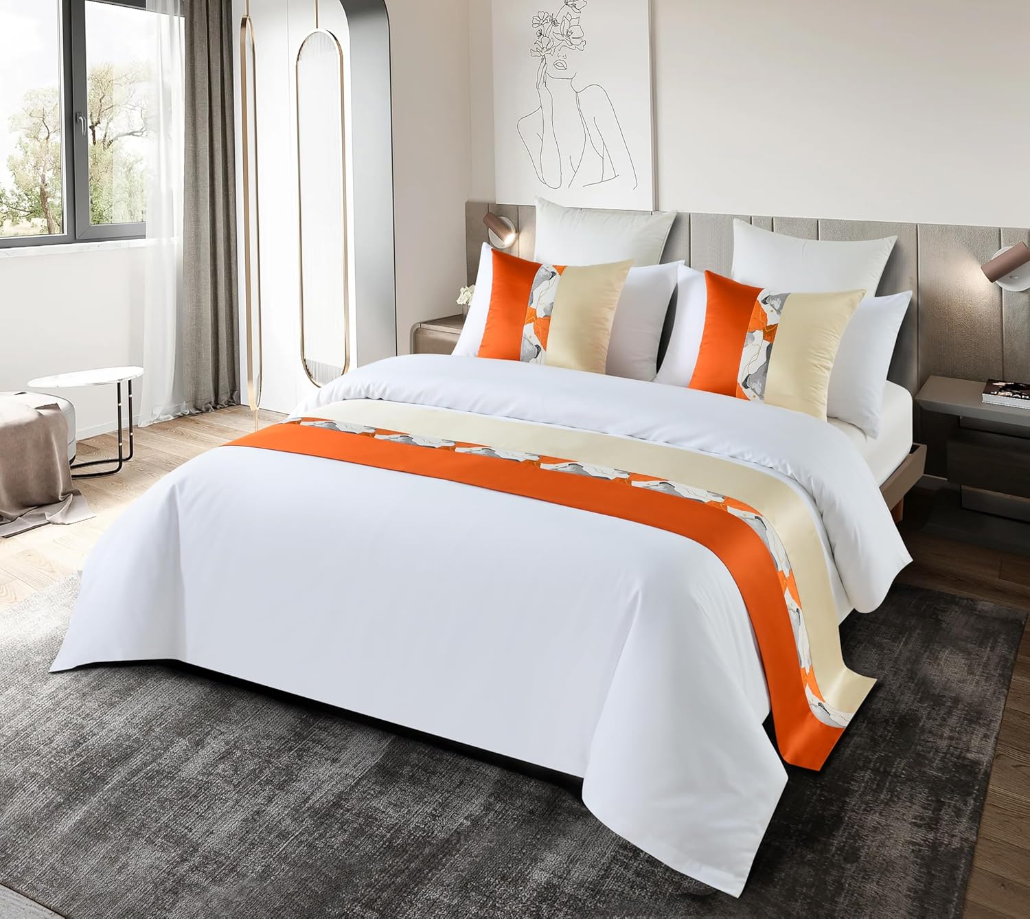 Luxury Hotel Grade Bed Runner Orange 210X50cm for 1.5m Bed Elegant Comfortable Fabric with Matching Cushions Wrinkle-Free and Premium Finish
