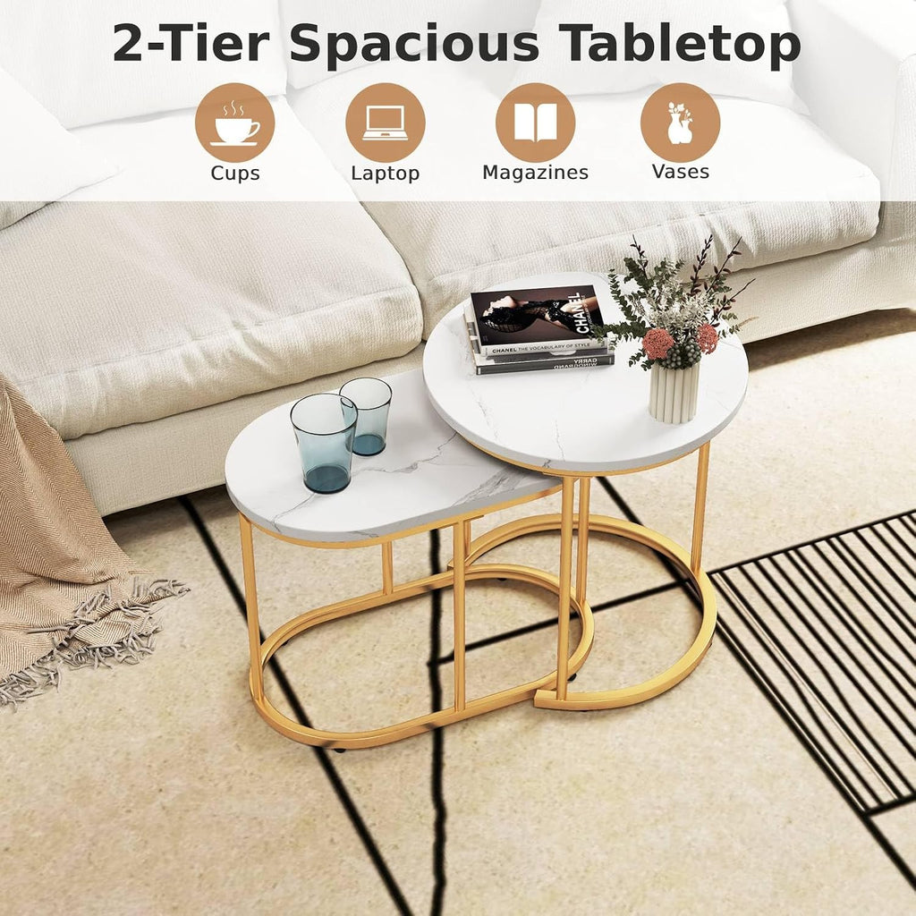 Multigot Nesting Tables Set of 2, Stacking End Side Table, Marble Accent Snack Coffee Tea Table for Living Room, Bedroom and Balcony (Marble + Golden)