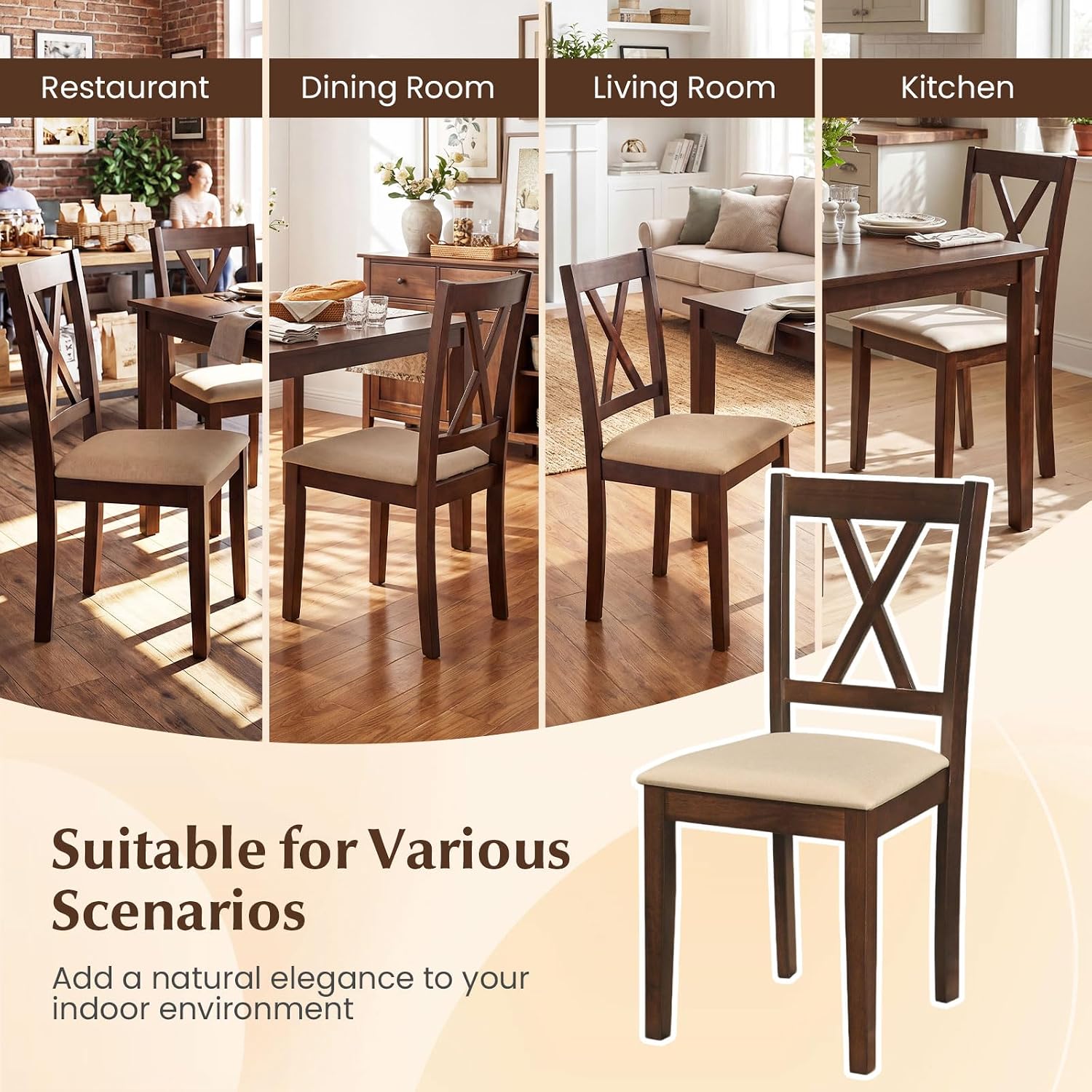 Giantex Wooden Dining Chairs Set of 4, Upholstered Kitchen Chair with Solid Rubber Wood Frame, Curved Backrest & Padded Wide Seat, Modern Farmhouse Dining Room Chairs for Living Room, Restaurant