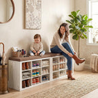 ITEFDTUTNE Entryway Bench with Shoe Storage, 59" Wood Shoe Storage Bench with Cushion (18 Cubbies) for Hallway Living Room Bedroom