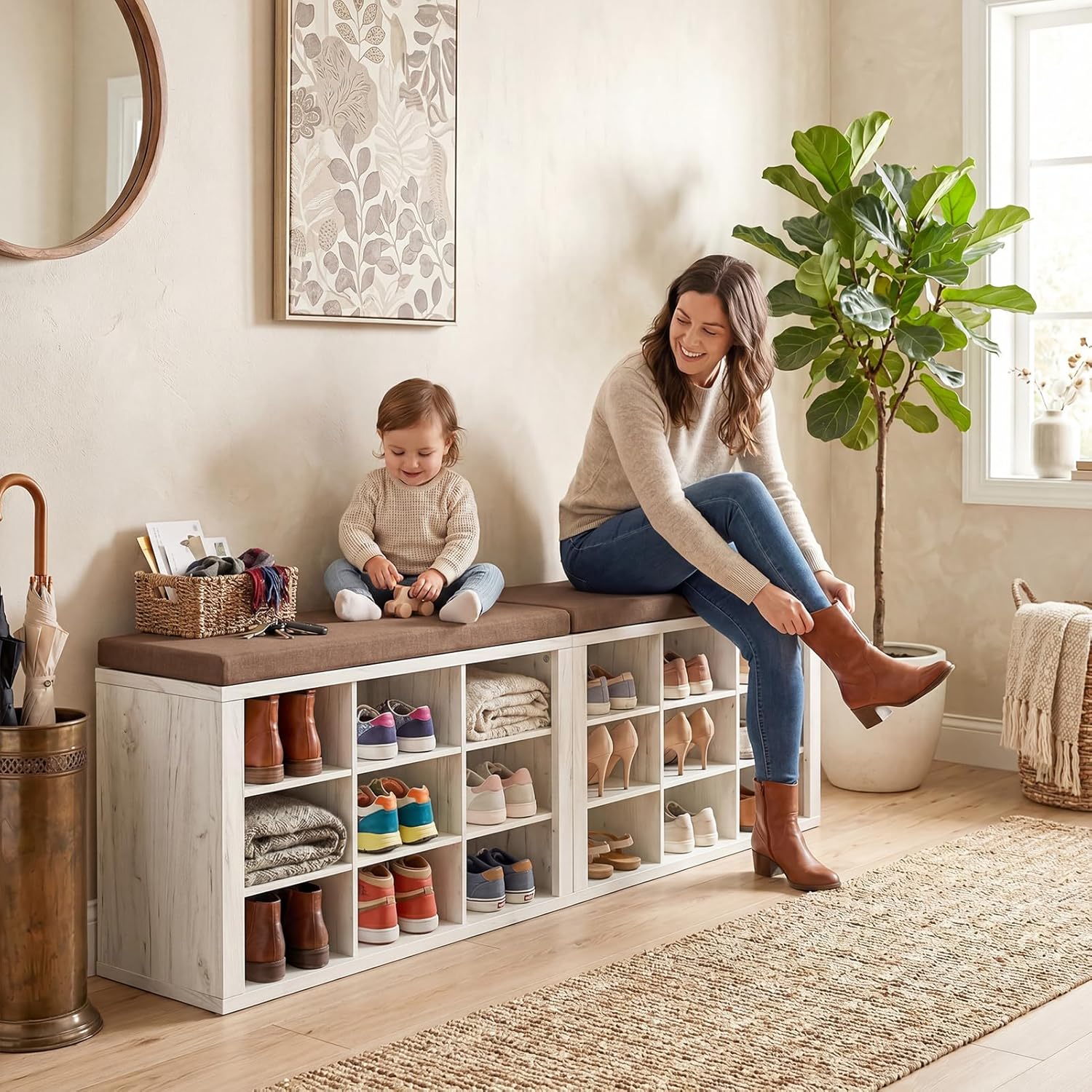 ITEFDTUTNE Entryway Bench with Shoe Storage, 59" Wood Shoe Storage Bench with Cushion (18 Cubbies) for Hallway Living Room Bedroom