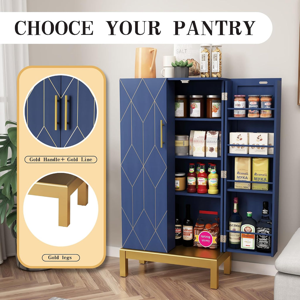 HOLTICO 45'' Kitchen Pantry Cabinet,Storage Cabinet with Doors and Adjustable Shelves,Food Pantry for Kitchen, Dining Room,Living Room and Garage,Gold Lines and Legs, Blue
