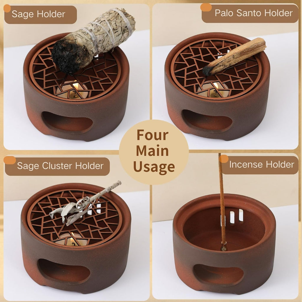 All-in-One Incense Holder for Burning Palo Santo & Sage Sticks & Insence-Stick and Cone & Candle, Lasting Burn Palo Santo & Sage Bundle & Loose Sage Leaves, Ash-Free, Wind-Resistant(Brown)