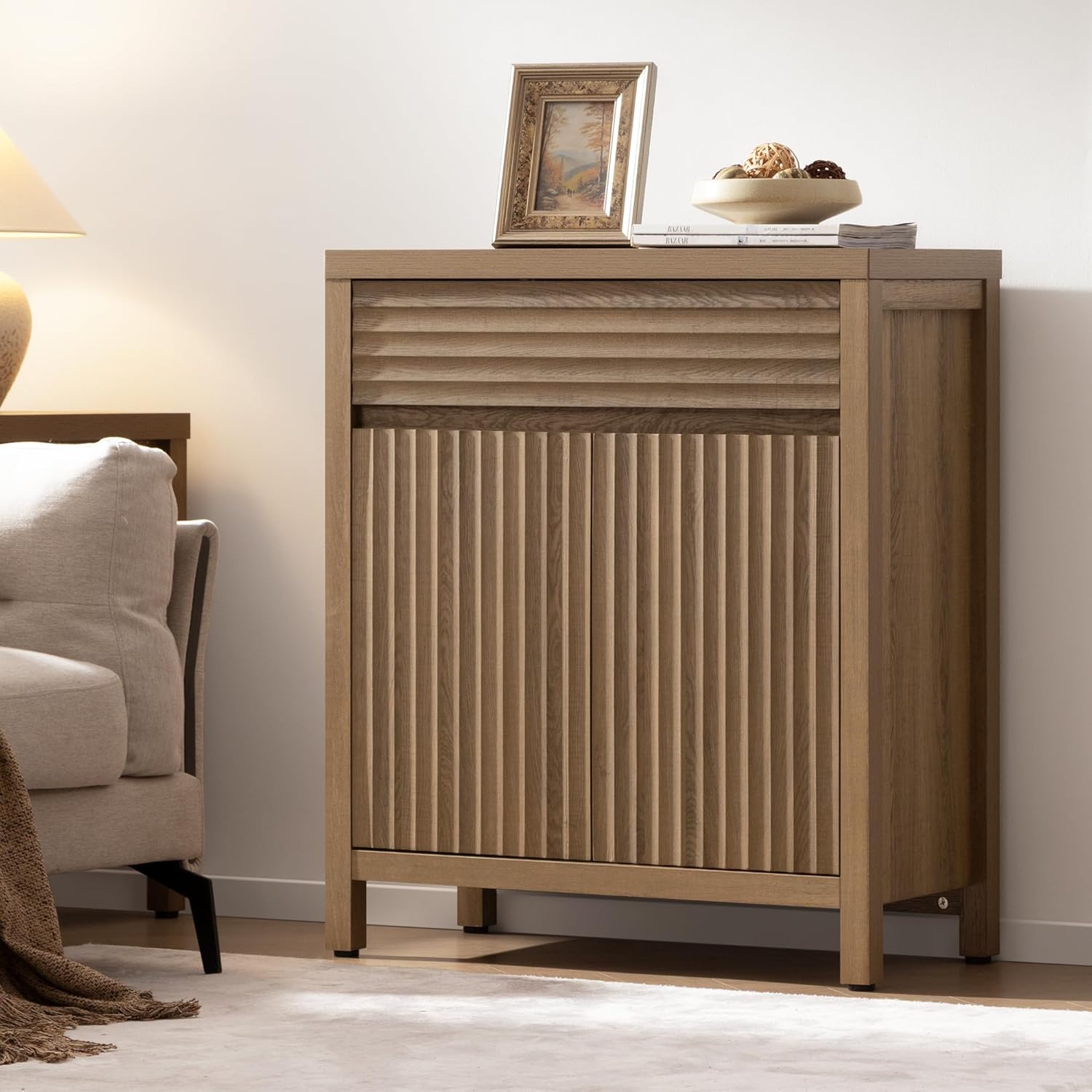 SICOTAS 29" Fluted Buffet Cabinet with Storage, Modern Sideboard Cabinet with Drawer & Adjustable Shelves, Premium Credenza for Kitchen & Living Room, Reclaimed Caramel Oak