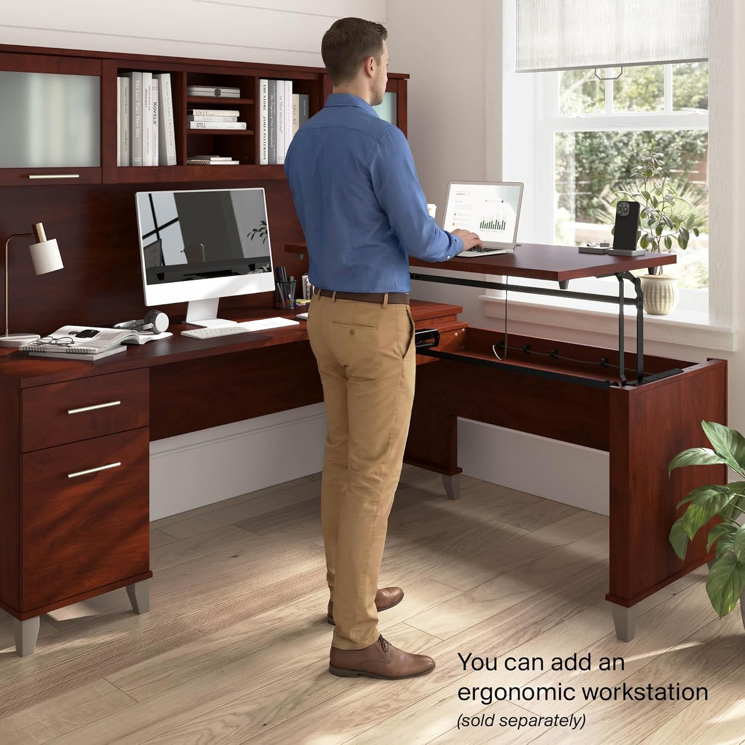 Bush Home 72-Inch Desk Hutch, Office Storage Organizer with Shelves, Cubbies and Frosted Glass Doors for Computer Desk, Home Office Furniture, Somerset Collection, Hansen Cherry