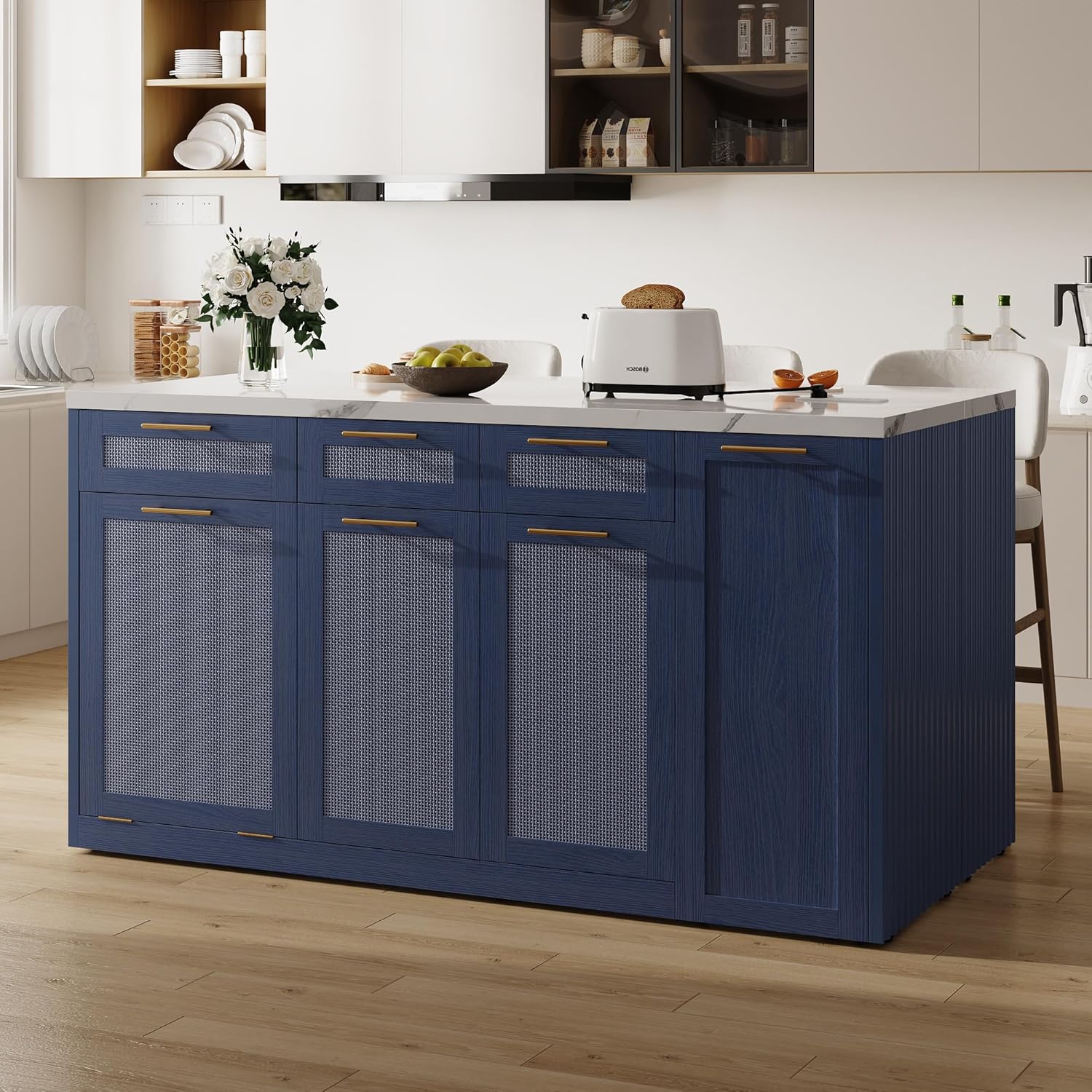 LIKIMIO 59" Kitchen Island with Power Outlet & Hidden Trash can Storage, Faux Marble Island Table with Seating Area, 3-Tier Spice Rack, 3 Drawers, 2-Tier Cabinet, Rolling Kitchen Cart on Wheels, Blue